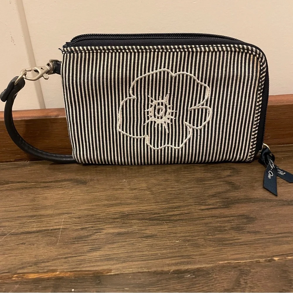 Thirty One Navy Striped Zipper Wristlet w/White Embroidered Flower